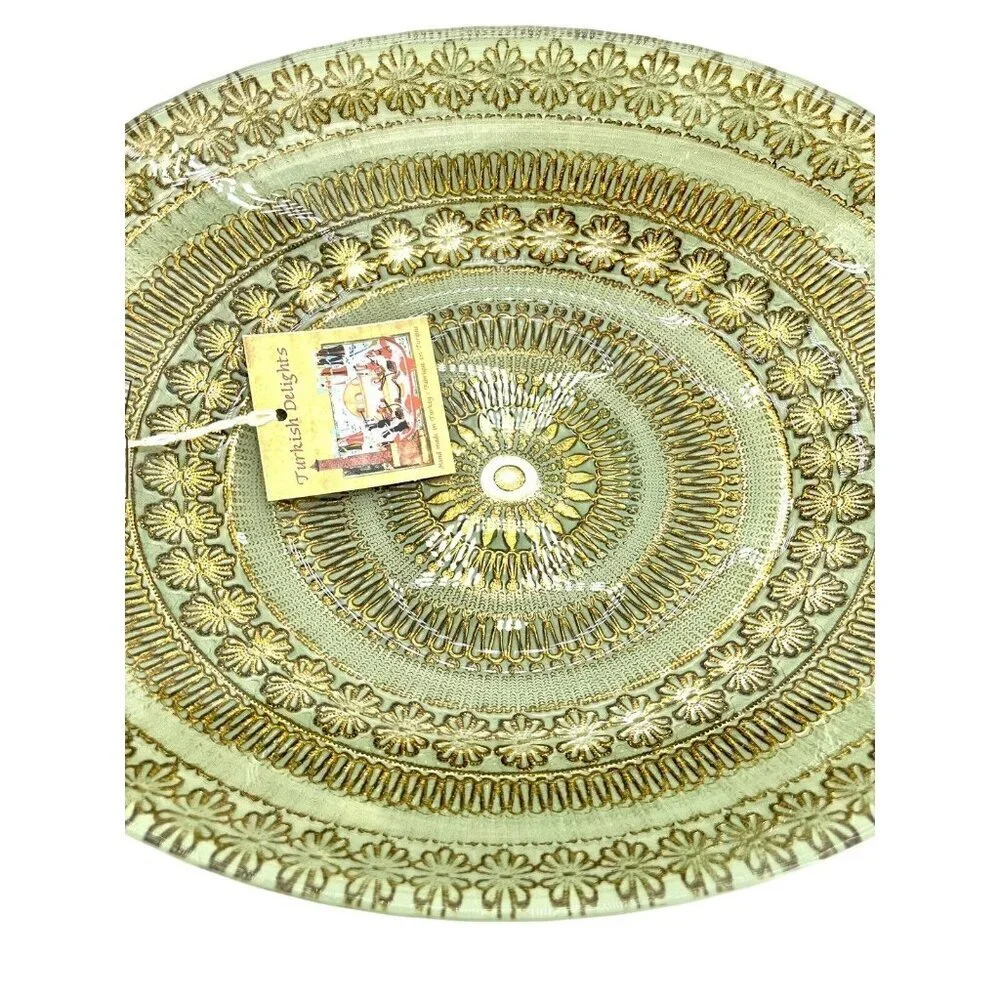 Turkish Delights Glass Oval Bowl Serving Salad Dinner Green Gold Handmade NWT